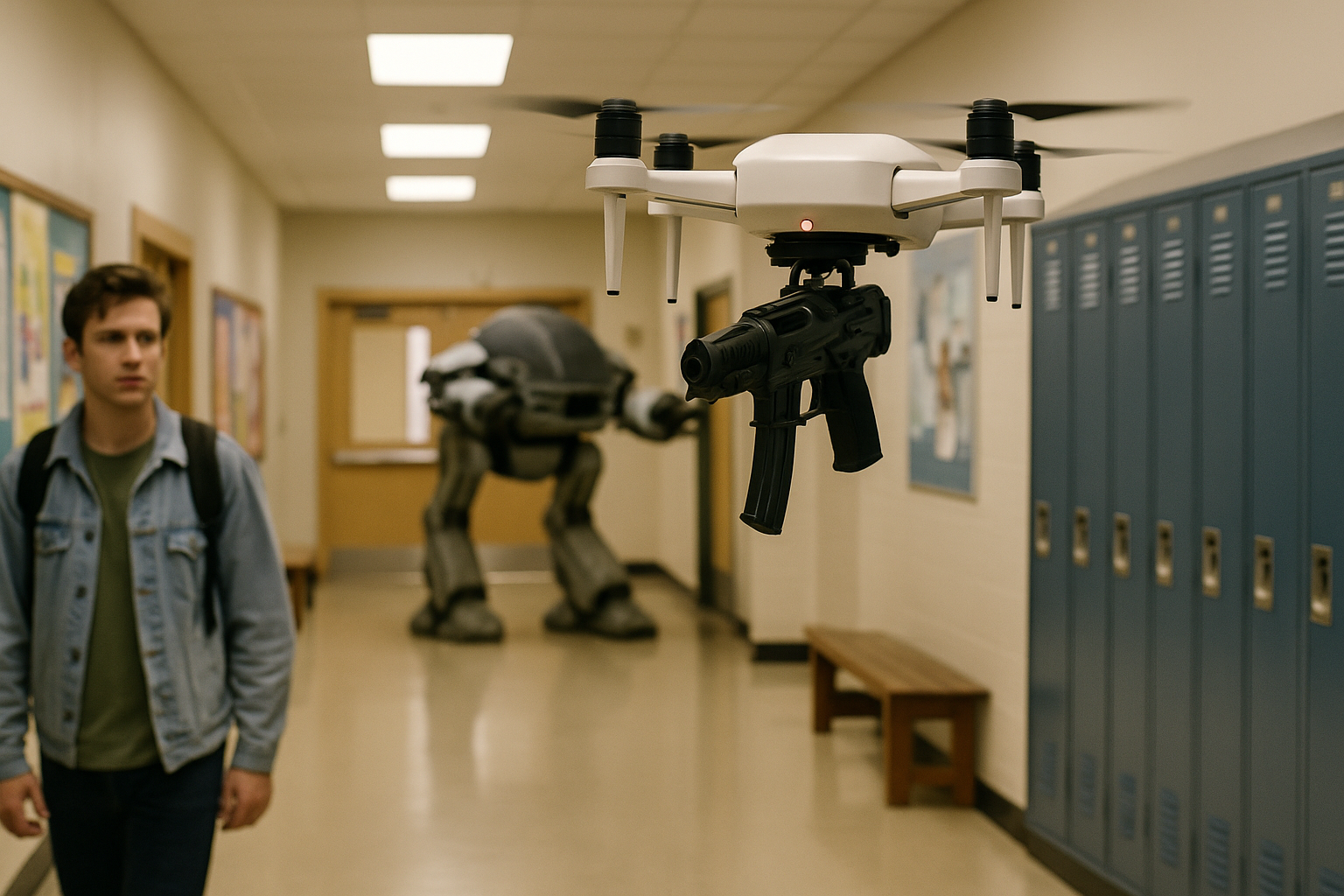 Sci-fi becomes reality as armed drones in schools promise safety but raise dystopian fears