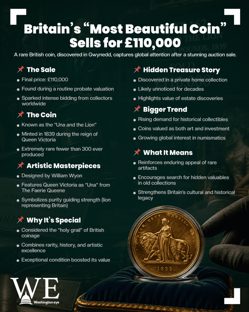 Infographic about Britain's 'Most Beautiful Coin' sale, with a gold coin visible in the bottom-right and bold headings across the page.