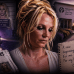 Collage of Britney Spears headlines, a police car, and a distressed woman with a notebook outside a recovery center.