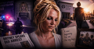 Collage of Britney Spears headlines, a police car, and a distressed woman with a notebook outside a recovery center.