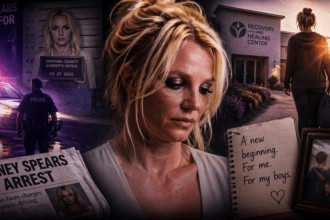 Collage of Britney Spears headlines, a police car, and a distressed woman with a notebook outside a recovery center.