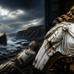Museum display: weathered white statue in foreground with a dramatic stormy sea and a wrecked ship mural in the background, near a rocky shore.