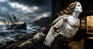 Museum display: weathered white statue in foreground with a dramatic stormy sea and a wrecked ship mural in the background, near a rocky shore.