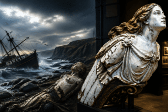 Museum display: weathered white statue in foreground with a dramatic stormy sea and a wrecked ship mural in the background, near a rocky shore.