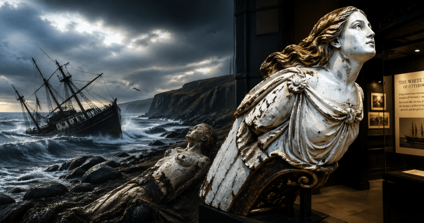 Museum display: weathered white statue in foreground with a dramatic stormy sea and a wrecked ship mural in the background, near a rocky shore.