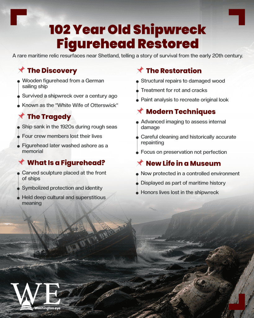 Infographic about a 102-year-old shipwreck figurehead restoration with a distressed ship in the background and header text at the top.