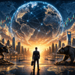 Businessman with briefcase faces a glowing, networked globe over a futuristic city at sunset, with a bull and a bear in the foreground.