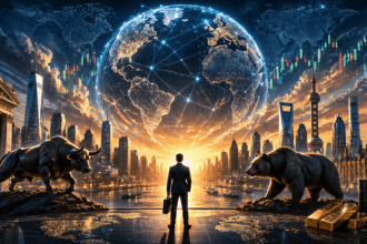 Businessman with briefcase faces a glowing, networked globe over a futuristic city at sunset, with a bull and a bear in the foreground.