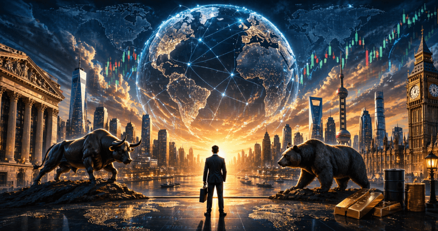 Businessman with briefcase faces a glowing, networked globe over a futuristic city at sunset, with a bull and a bear in the foreground.