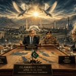 Diplomatic meeting around a large table with world leaders; US and Iran flags backdrop and a central Islamabad Talks banner