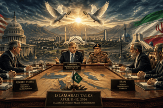 Diplomatic meeting around a large table with world leaders; US and Iran flags backdrop and a central Islamabad Talks banner
