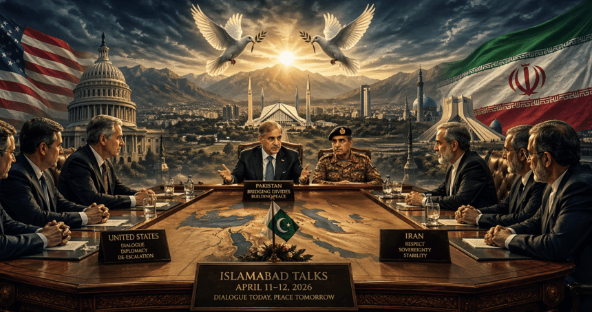 Diplomatic meeting around a large table with world leaders; US and Iran flags backdrop and a central Islamabad Talks banner