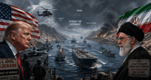 Composite scene showing US and Iranian flags framing a Strait of Hormuz clash with warships, helicopters, and burning fires, symbolizing US–Iran tensions (no people named).