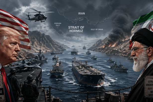 Composite scene showing US and Iranian flags framing a Strait of Hormuz clash with warships, helicopters, and burning fires, symbolizing US–Iran tensions (no people named).