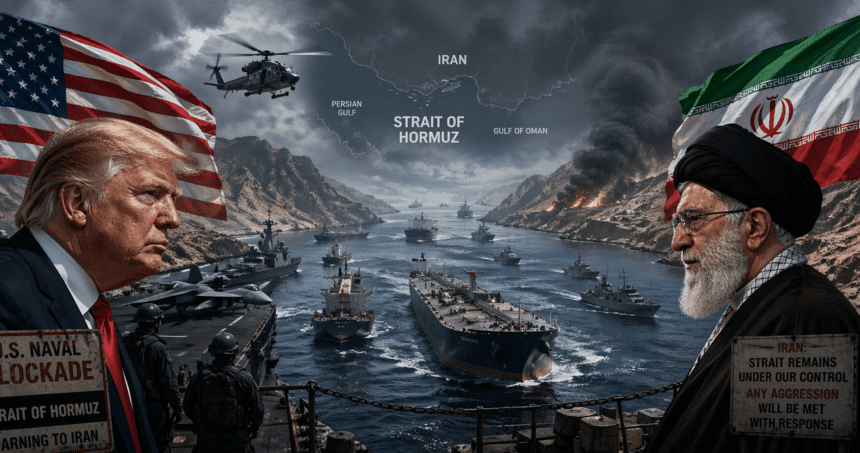 Composite scene showing US and Iranian flags framing a Strait of Hormuz clash with warships, helicopters, and burning fires, symbolizing US–Iran tensions (no people named).
