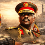 Military officer in ceremonial uniform with Uganda and Turkish flags, stacks of cash on a table, and a mosque in the background.