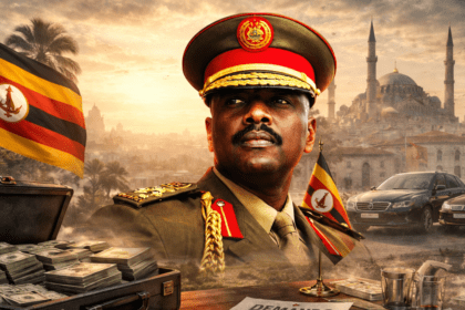 Military officer in ceremonial uniform with Uganda and Turkish flags, stacks of cash on a table, and a mosque in the background.