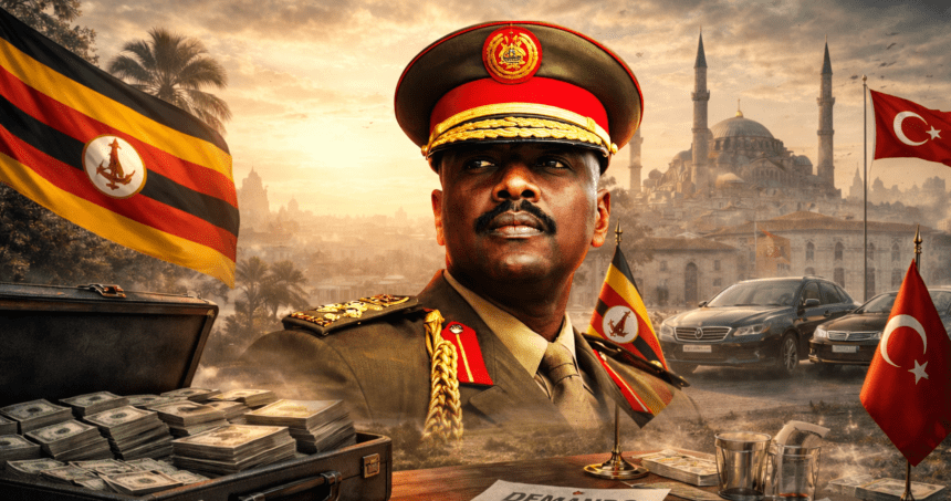 Military officer in ceremonial uniform with Uganda and Turkish flags, stacks of cash on a table, and a mosque in the background.