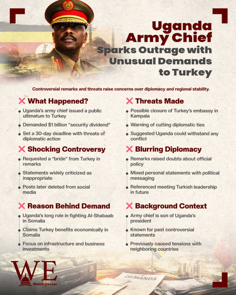 Infographic collage featuring a Ugandan army chief portrait with bold headline about outraged diplomacy and bullet points in red and black text.