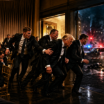 Formal gala in a hotel ballroom as suited security and guests rush toward an exit with police cars and flashing lights outside a doorway outside the room.