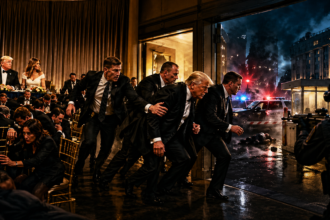 Formal gala in a hotel ballroom as suited security and guests rush toward an exit with police cars and flashing lights outside a doorway outside the room.