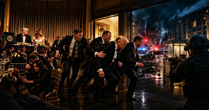 Formal gala in a hotel ballroom as suited security and guests rush toward an exit with police cars and flashing lights outside a doorway outside the room.