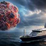 Giant coronavirus particle looming beside a cruise ship at sea during sunset, creating a dramatic, surreal scene.