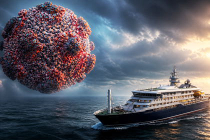 Giant coronavirus particle looming beside a cruise ship at sea during sunset, creating a dramatic, surreal scene.