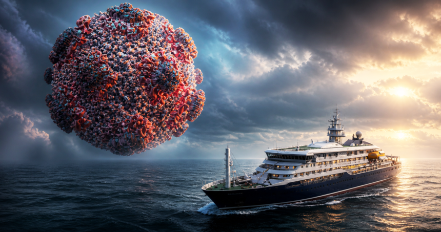 Giant coronavirus particle looming beside a cruise ship at sea during sunset, creating a dramatic, surreal scene.
