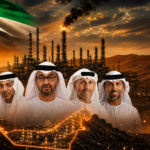 Four men in white kanduras stand before an oil refinery at sunset, with the UAE flag overhead.