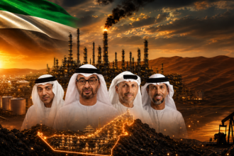 Four men in white kanduras stand before an oil refinery at sunset, with the UAE flag overhead.