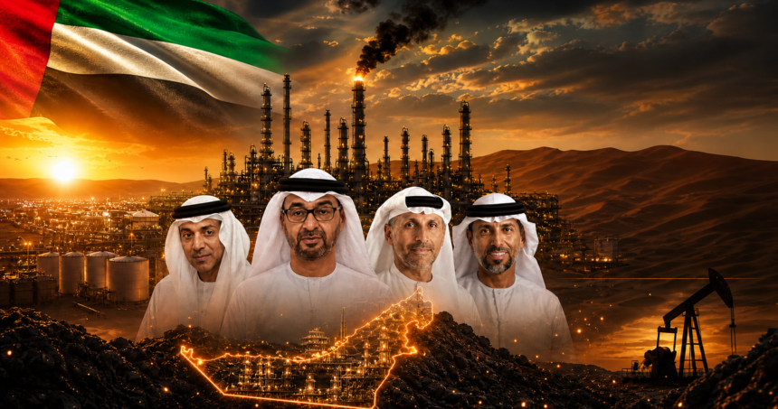 Four men in white kanduras stand before an oil refinery at sunset, with the UAE flag overhead.