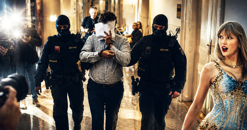 Two armed guards in black gear escort a man who covers his face with a sheet of paper down a hallway, while a glamorous woman in a sparkling dress watches from the right.