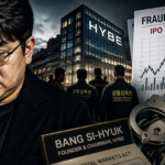 Collage showing Bang Si-hyuk with HYBE building, fraud investigation page, stock chart, handcuffs, and BTS members.