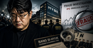 Collage showing Bang Si-hyuk with HYBE building, fraud investigation page, stock chart, handcuffs, and BTS members.