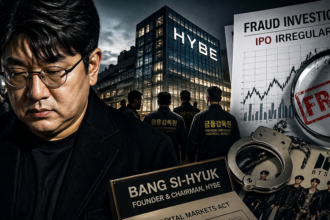 Collage showing Bang Si-hyuk with HYBE building, fraud investigation page, stock chart, handcuffs, and BTS members.