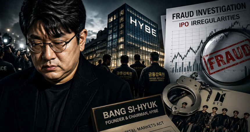 Collage showing Bang Si-hyuk with HYBE building, fraud investigation page, stock chart, handcuffs, and BTS members.