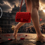 Red quilted Chanel handbag carried by a barefoot model on a runway with a crowd watching and the Chanel logo in the foreground at sunset.