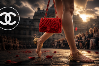 Red quilted Chanel handbag carried by a barefoot model on a runway with a crowd watching and the Chanel logo in the foreground at sunset.