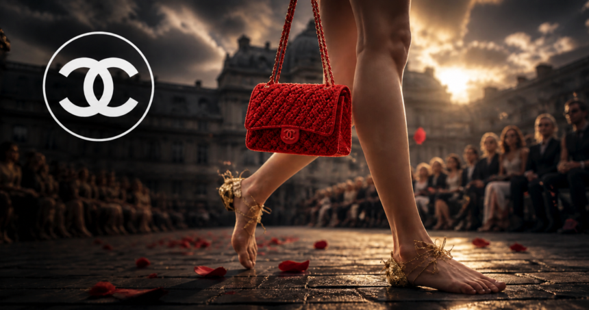 Red quilted Chanel handbag carried by a barefoot model on a runway with a crowd watching and the Chanel logo in the foreground at sunset.