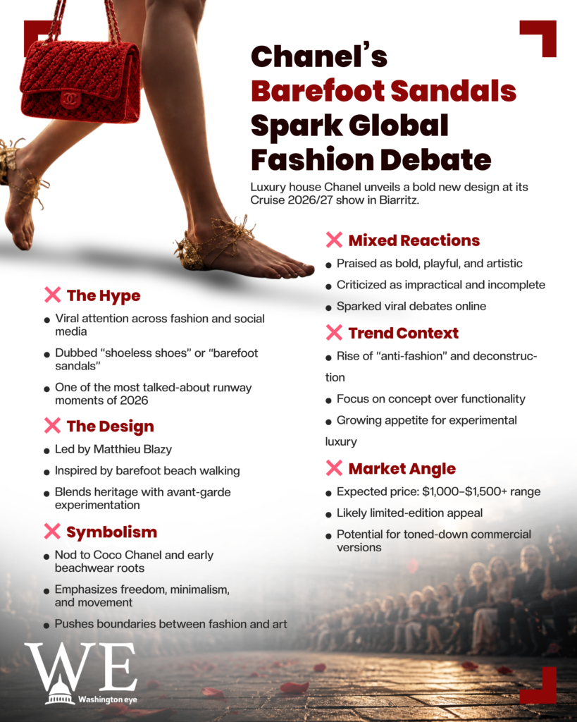 Fashion editorial collage: model wearing barefoot sandals with bold headline about Chanel's barefoot sandals and luxury fashion.