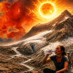 Crowded scene of people exhausted by a heatwave, with a blazing sun and a red, Europe-wide heat map in the sky behind them and a thermometer nearby for context of rising temperatures.