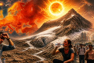 Crowded scene of people exhausted by a heatwave, with a blazing sun and a red, Europe-wide heat map in the sky behind them and a thermometer nearby for context of rising temperatures.
