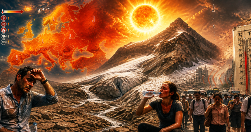 Crowded scene of people exhausted by a heatwave, with a blazing sun and a red, Europe-wide heat map in the sky behind them and a thermometer nearby for context of rising temperatures.