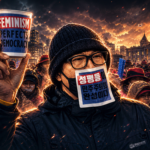 Protester in a beanie and glasses raises a cup reading 'FEMINISM PERFECTS DEMOCRACY' among a dense crowd of masked demonstrators at sunset in a fiery city square.