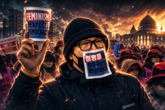 Protester in a beanie and glasses raises a cup reading 'FEMINISM PERFECTS DEMOCRACY' among a dense crowd of masked demonstrators at sunset in a fiery city square.