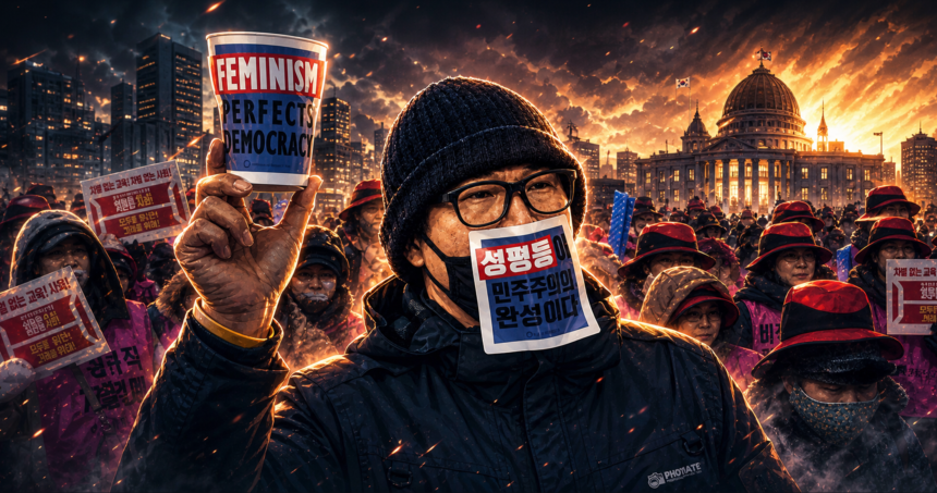 Protester in a beanie and glasses raises a cup reading 'FEMINISM PERFECTS DEMOCRACY' among a dense crowd of masked demonstrators at sunset in a fiery city square.