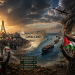 A dramatic pro-Somaliland montage with flags, crowds, military presence, ships, smoke, and a map of Somalia labeled SOMALILAND.