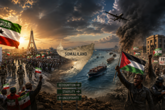 A dramatic pro-Somaliland montage with flags, crowds, military presence, ships, smoke, and a map of Somalia labeled SOMALILAND.