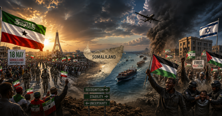 A dramatic pro-Somaliland montage with flags, crowds, military presence, ships, smoke, and a map of Somalia labeled SOMALILAND.